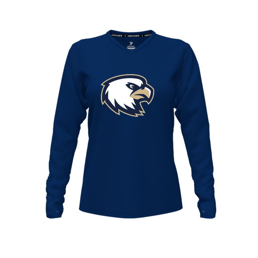 [CUS-DFW-TEES-CMF-VNK-LSL-NVY-FYXS-LOGO1] Decker Comfort T-Shirt (Female Youth XS, Navy, V Neck, Logo 1, Long Sleeve)