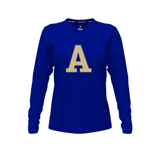 [CUS-DFW-TEES-CMF-VNK-LSL-RYL-FYXS-LOGO2] Decker Comfort T-Shirt (Female Youth XS, Royal, V Neck, Logo 2, Long Sleeve)