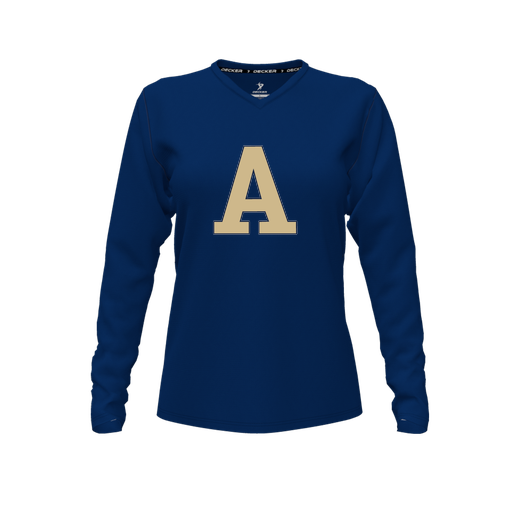 [CUS-DFW-TEES-PER-VNK-LSL-NVY-FYXS-LOGO2] Decker Performance T-Shirt (Female Youth XS, Navy, V Neck, Logo 2, Long Sleeve)