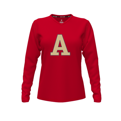 [CUS-DFW-TEES-PER-VNK-LSL-RED-FYXS-LOGO2] Decker Performance T-Shirt (Female Youth XS, Red, V Neck, Logo 2, Long Sleeve)